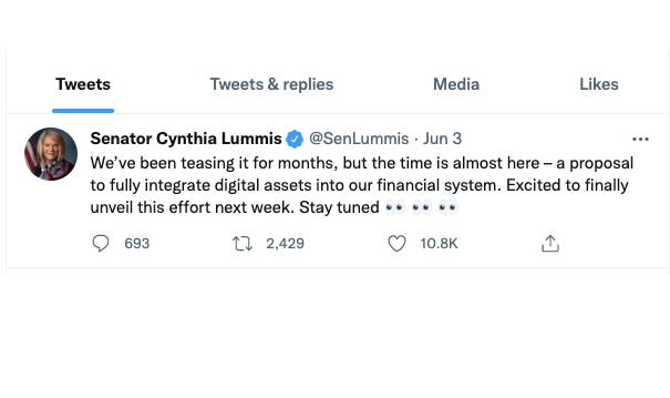 Senator Cynthia M. Lummis  of Wyoming
#NFTs #Web3 #DeFi $BHNY 
Interesting Tweet..Wyoming going full bore Crypto