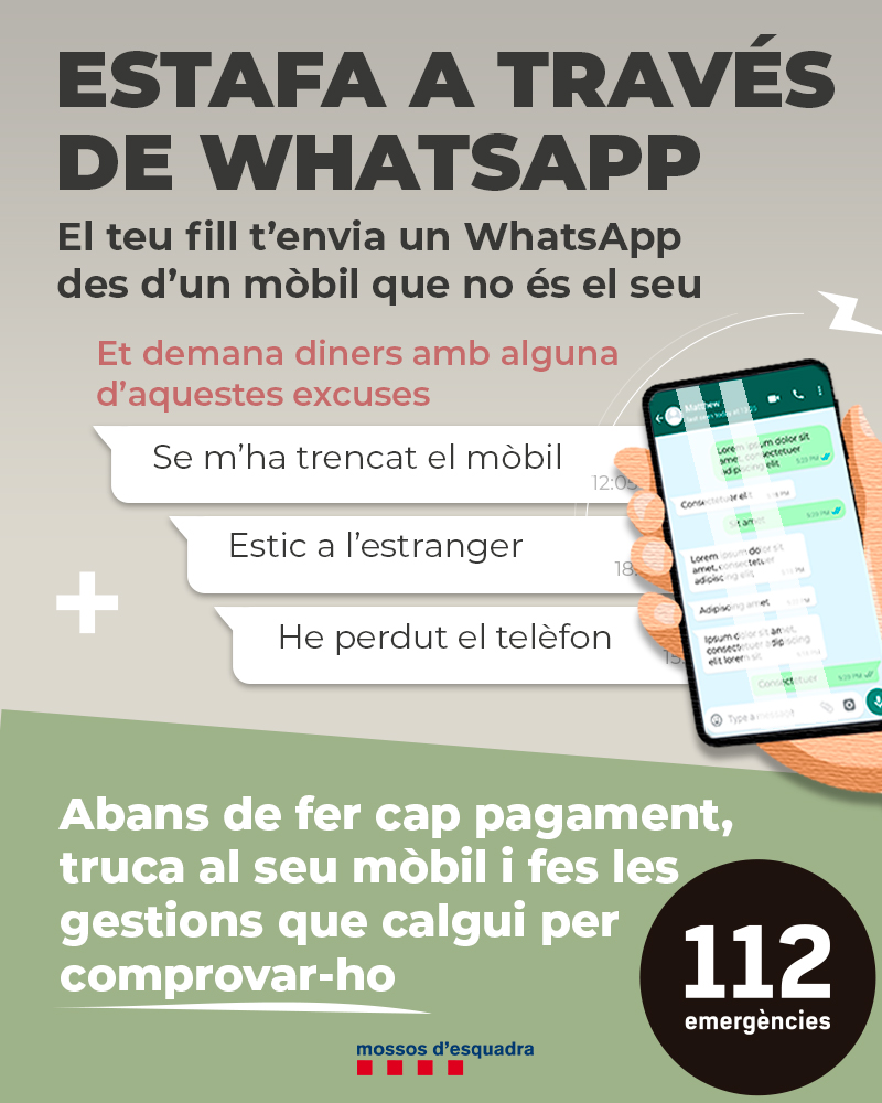 mossos's tweet photo. ⚠️ Tornen a circular WhatsApps en els quals es fan passar pel teu fill i et demanen diners amb qualsevol excusa. No piquis i truca al al teu fill per comprovar-ho #StopEstafes https://t.co/1PumdABHpH
