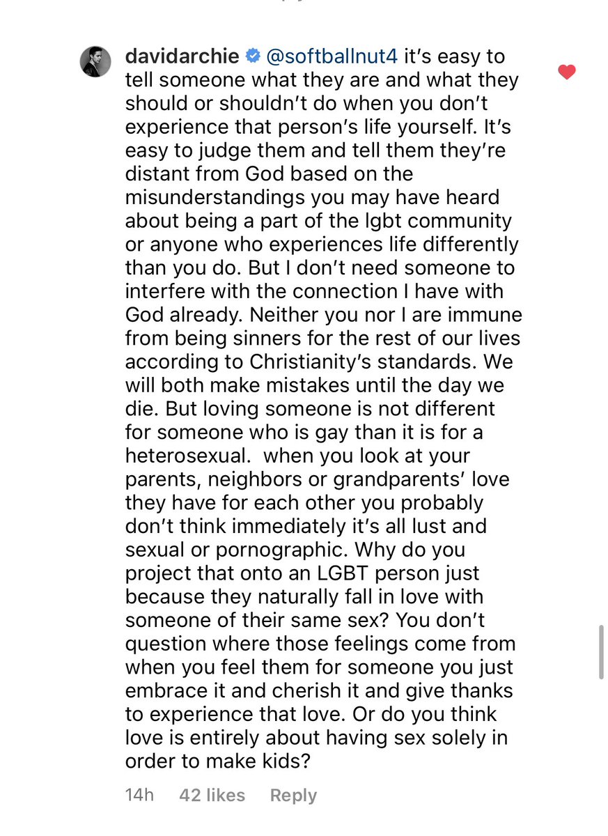 FODFansofDavid's tweet photo. PLEASE READ FRIENDS!  @DavidArchie’s Articulate, thoughtful response to a commenter on his IG live post yesterday. “ I follow where God’s  love for me takes me and it’s made all the difference” ❤️❤️❤️❤️ Here’s a link to the post and his 3-screen response https://t.co/2Lw274kUjL https://t.co/AmLn6k0OzW