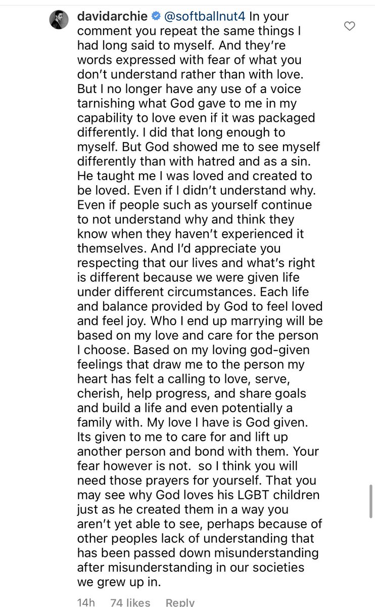 FODFansofDavid's tweet photo. PLEASE READ FRIENDS!  @DavidArchie’s Articulate, thoughtful response to a commenter on his IG live post yesterday. “ I follow where God’s  love for me takes me and it’s made all the difference” ❤️❤️❤️❤️ Here’s a link to the post and his 3-screen response https://t.co/2Lw274kUjL https://t.co/AmLn6k0OzW