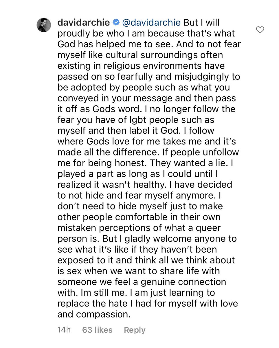 FODFansofDavid's tweet photo. PLEASE READ FRIENDS!  @DavidArchie’s Articulate, thoughtful response to a commenter on his IG live post yesterday. “ I follow where God’s  love for me takes me and it’s made all the difference” ❤️❤️❤️❤️ Here’s a link to the post and his 3-screen response https://t.co/2Lw274kUjL https://t.co/AmLn6k0OzW