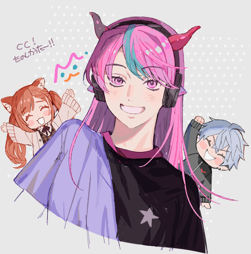 pink hair streaked hair horns smile 1boy shirt blue hair  illustration images