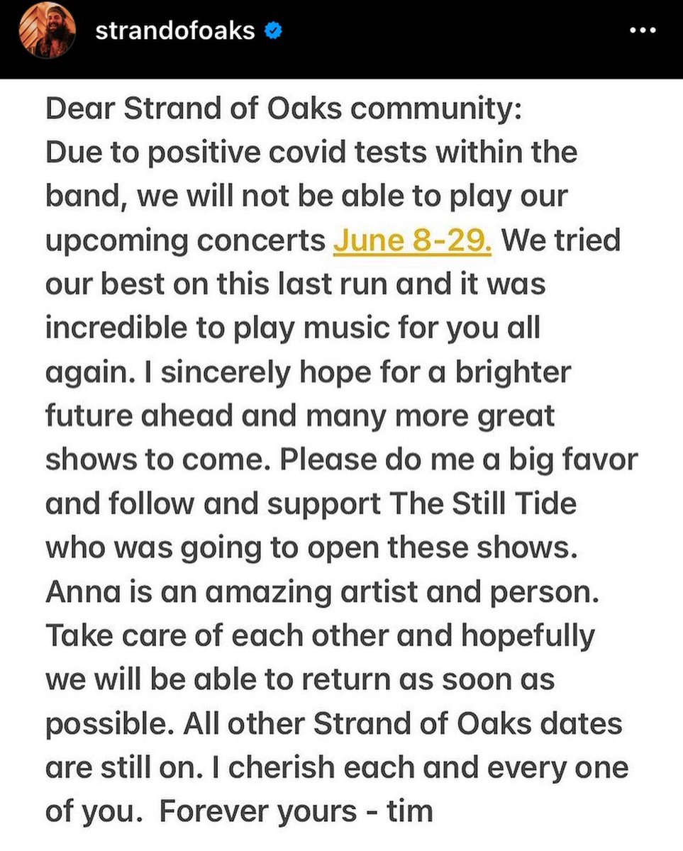The Still Tide (@thestilltide) on Twitter photo Sweet friends ❤️ I’m so sorry to say that our upcoming tour w/ <a href="/Strandofoaks/">Timothy Showalter</a> has been canceled. Can’t tell y’all how much we were looking forward to these shows & to seeing y’all along the way!! 💔oof. Sending such love to Tim & his band, we love y’all, heal up soon friends! Sweet friends ❤️ I’m so sorry to say that our upcoming tour w/ <a href="/Strandofoaks/">Timothy Showalter</a> has been canceled. Can’t tell y’all how much we were looking forward to these shows & to seeing y’all along the way!! 💔oof. Sending such love to Tim & his band, we love y’all, heal up soon friends!