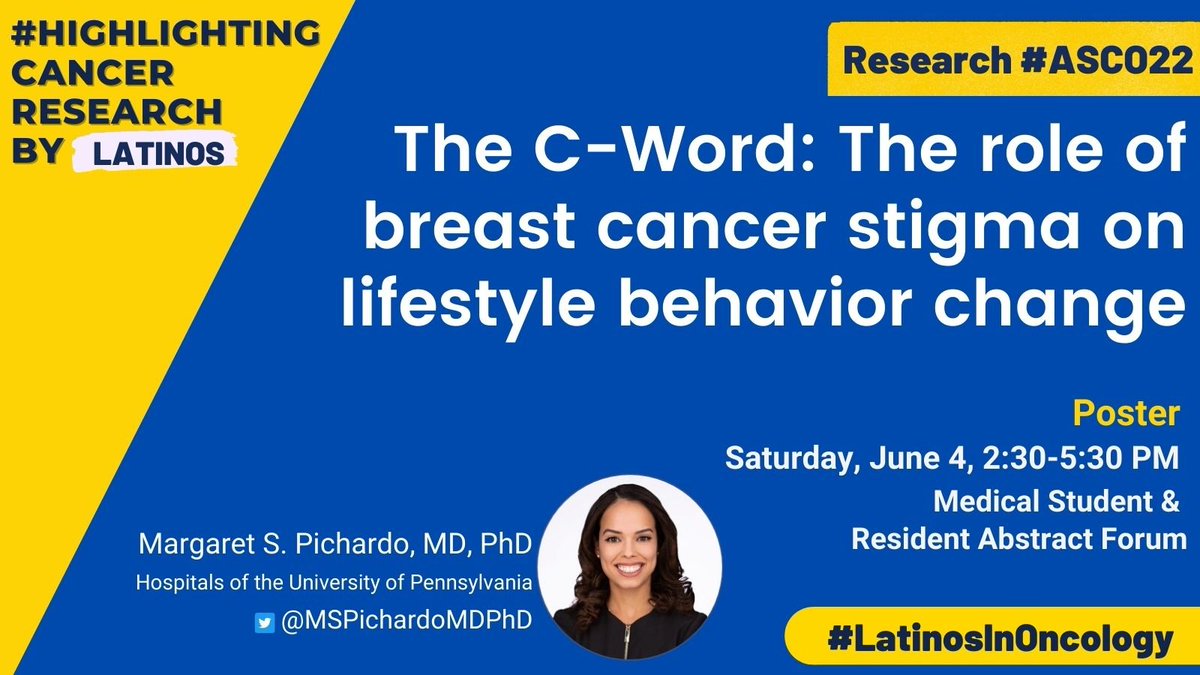 🚨🚨 #LatinosInOncology at #ASCO22 🚨🚨

Come meet the #LatinosInOncology co-founder‼️

Stop by our poster to learn about the role of #bcsm stigma on lifestyle behavior change

#ASCOTrainee #MedicalStudent & #Resident Abstract Forum

📅Today, June 4th
⏰2:30-5:00 PM
📍Room N 229