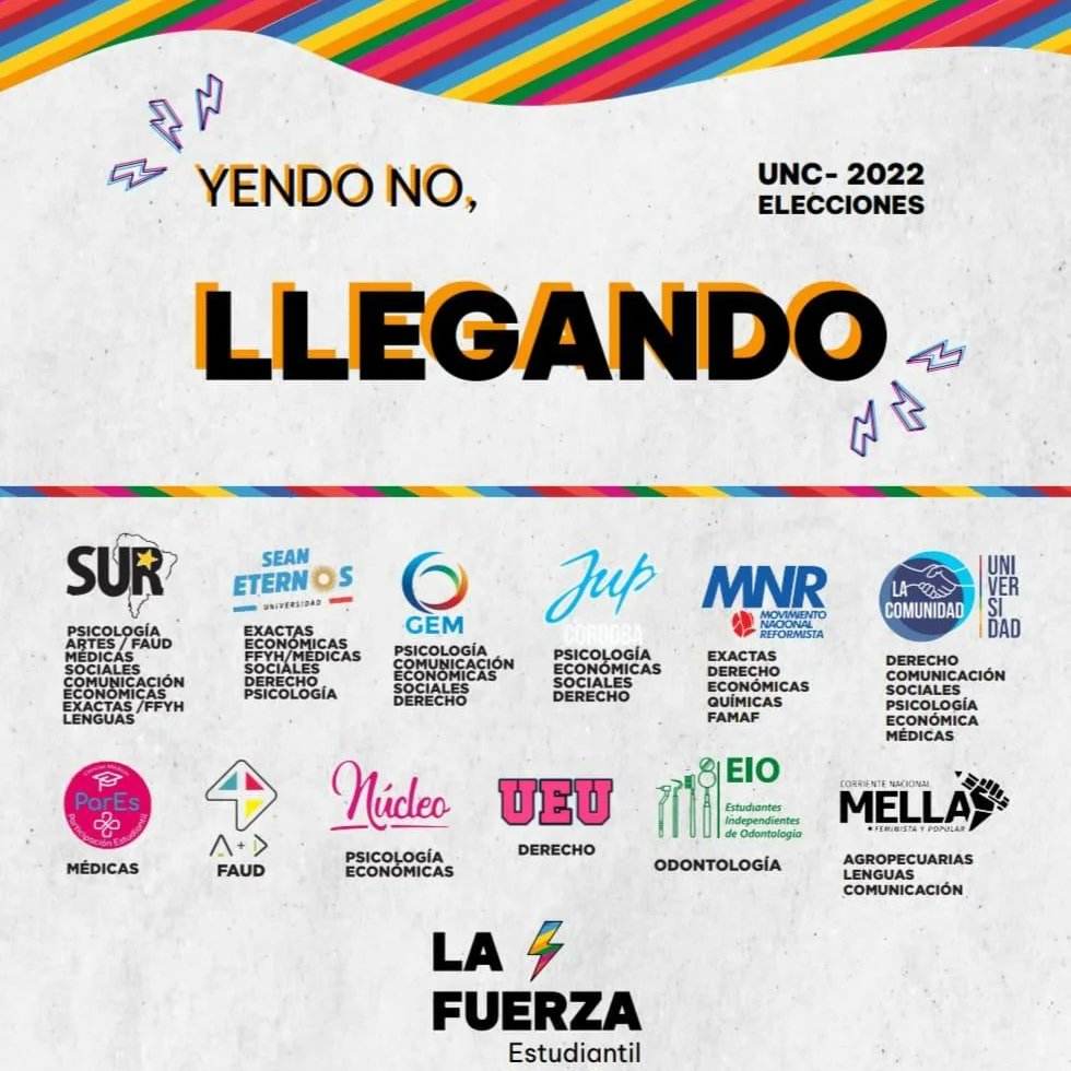 CbaLibresdelSur's tweet photo. YENDO NO, LLEGANDO.
Felicitaciones por el 2do. Lugar para todo el frente "La Fuerza estudiantil". 
✅ Más de 18.000 votos en toda la UNC.
✅ 3 bancas en el Consejo Superior.
✅ 5 centros de estudiantes (Odontología, Derecho, Sociales, Artes y Psicología). https://t.co/WKM0Of7zw5