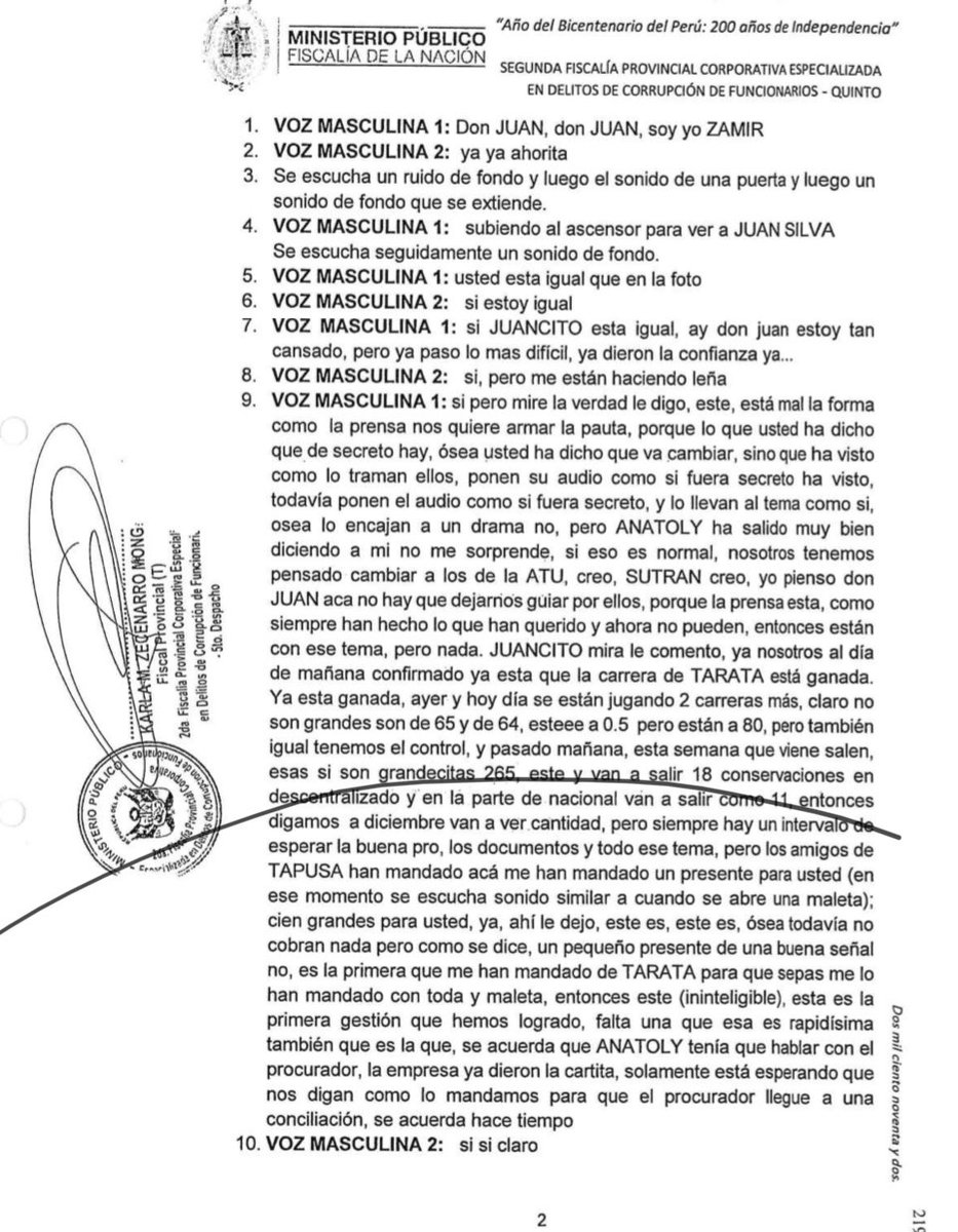 gvillasis's tweet photo. El Comercio tuvo acceso a la transcripción oficial de la conversación entre Zamir Villaverde y el exministro Juan Silva. Fiscalía confirma la autenticidad de este documento de 9 págs que obra en despacho de fiscal anticorrupción Karla Zezenarro. https://t.co/tr1a0S5CX0