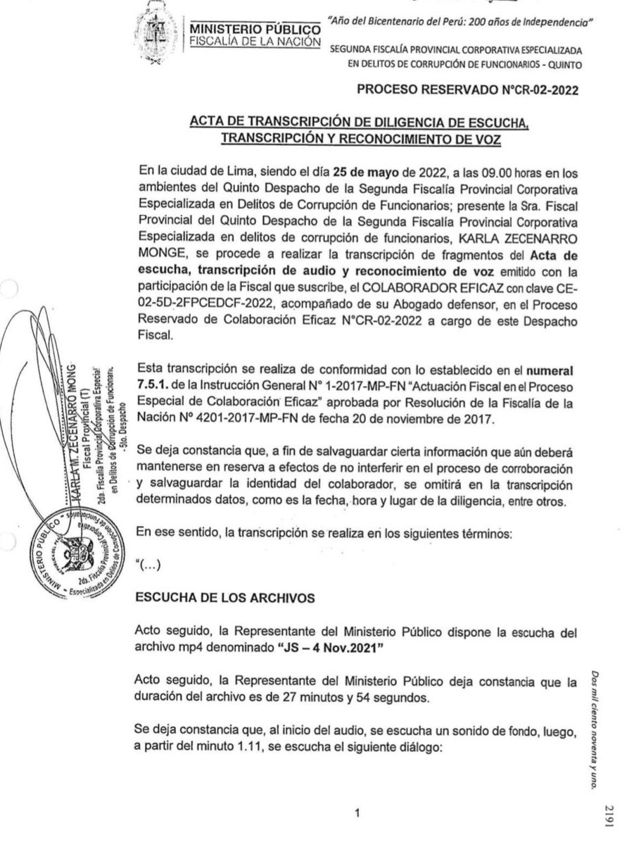gvillasis's tweet photo. El Comercio tuvo acceso a la transcripción oficial de la conversación entre Zamir Villaverde y el exministro Juan Silva. Fiscalía confirma la autenticidad de este documento de 9 págs que obra en despacho de fiscal anticorrupción Karla Zezenarro. https://t.co/tr1a0S5CX0