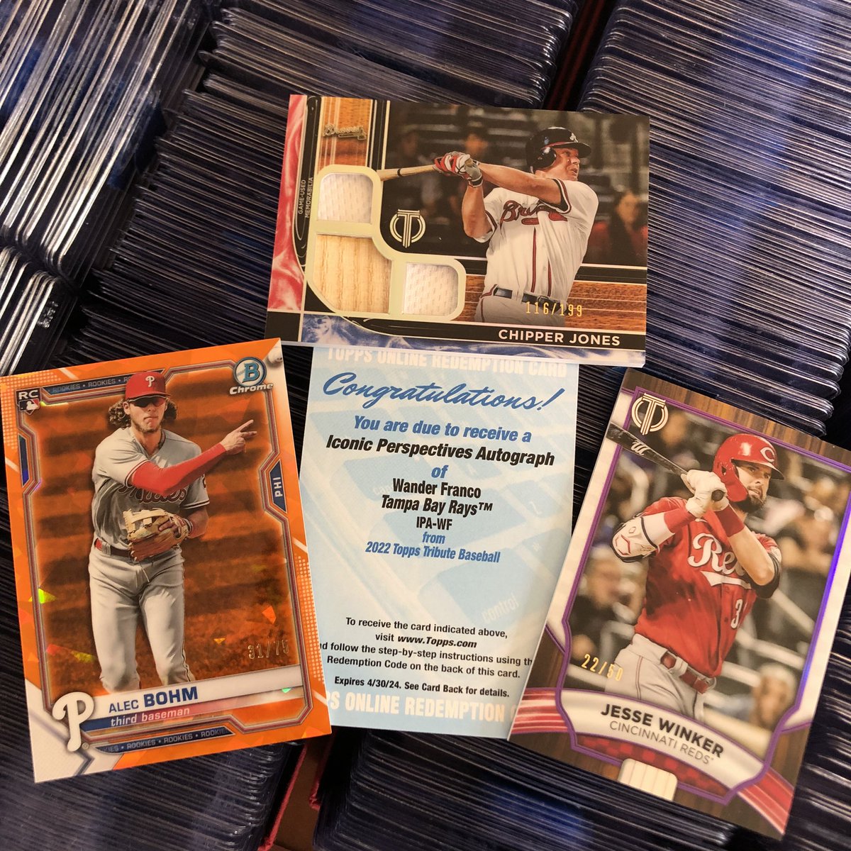 StillKickCards's tweet photo. MYSTERY BOX HITS - The three around the outside are nice, but that redemption in the middle made the purchase well worth it! Thanks @CheapFunBreaks &amp; @BreaksJbrooks for the product and the luck!
.
.
#Topps #ToppsTribute #Bowman #WanderFranco #ChipperJones #AlecBohn #BaseballCards https://t.co/sh4OB0gatF