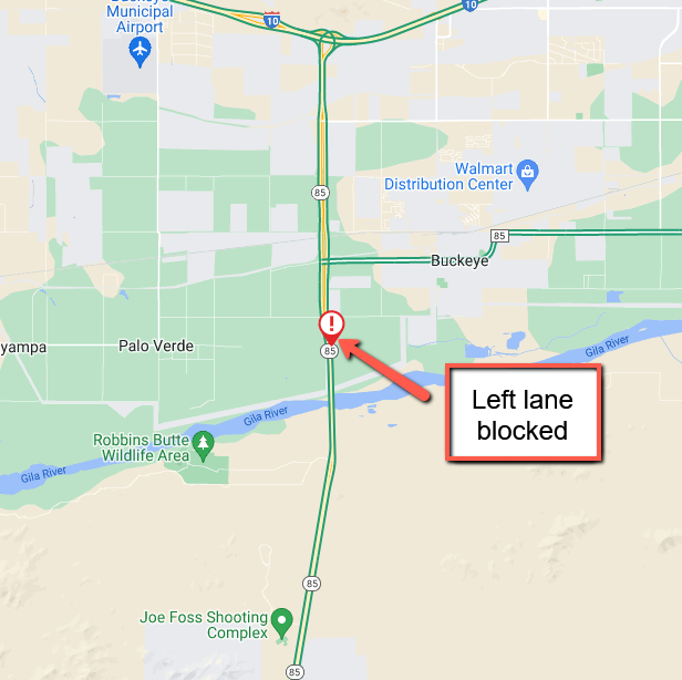 ArizonaDOT's tweet photo. State Route 85 northbound at milepost 149 near W Hazen Road: A crash is blocking the left lane.
#phxtraffic #SR85 https://t.co/NfeILn93Ek