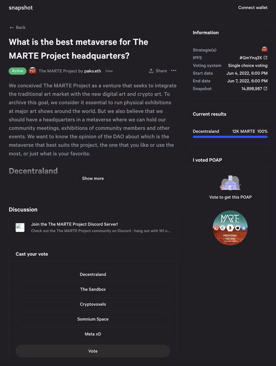 The fifth MARTE DAO proposal voting is already published and it will be open until June 7 on The MARTE Project <a href="/SnapshotLabs/">Snapshot.eth</a> space ⚡️

snapshot.org/#/martedao.eth…

#MARTEproject #MARTEtoken $MARTE #DAO #NFT #NFTs #NFTCommunity #crypto #art #Metaverse