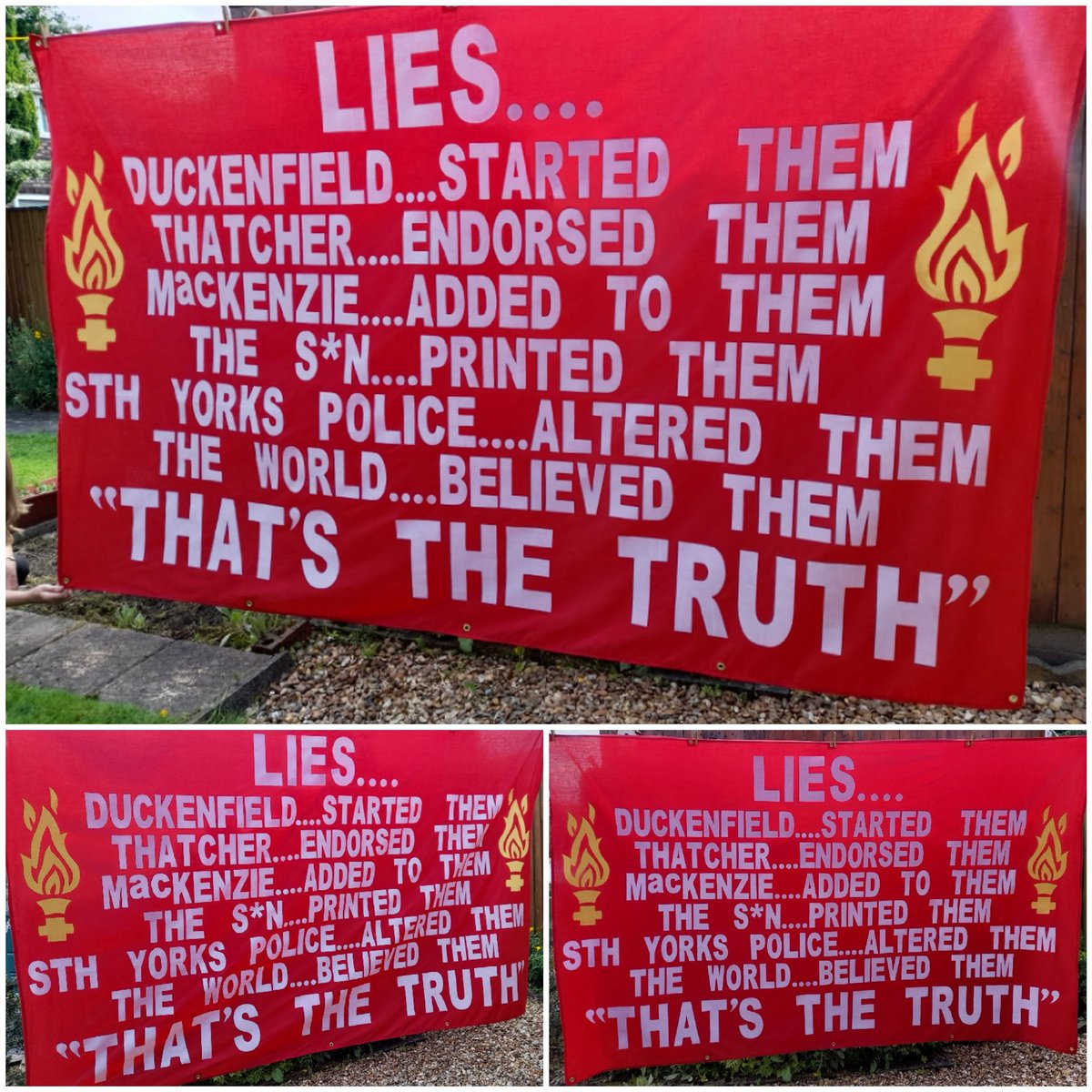 bannersflags22's tweet photo. NEW 9ft x 5.5ft banner. Made to order for @PaulWilley10 🔴⚪🔴⚪🔴 RIP97 #JFT97 #hillsboroughlawnow #dontbuythesun https://t.co/8h4eQOgHdE