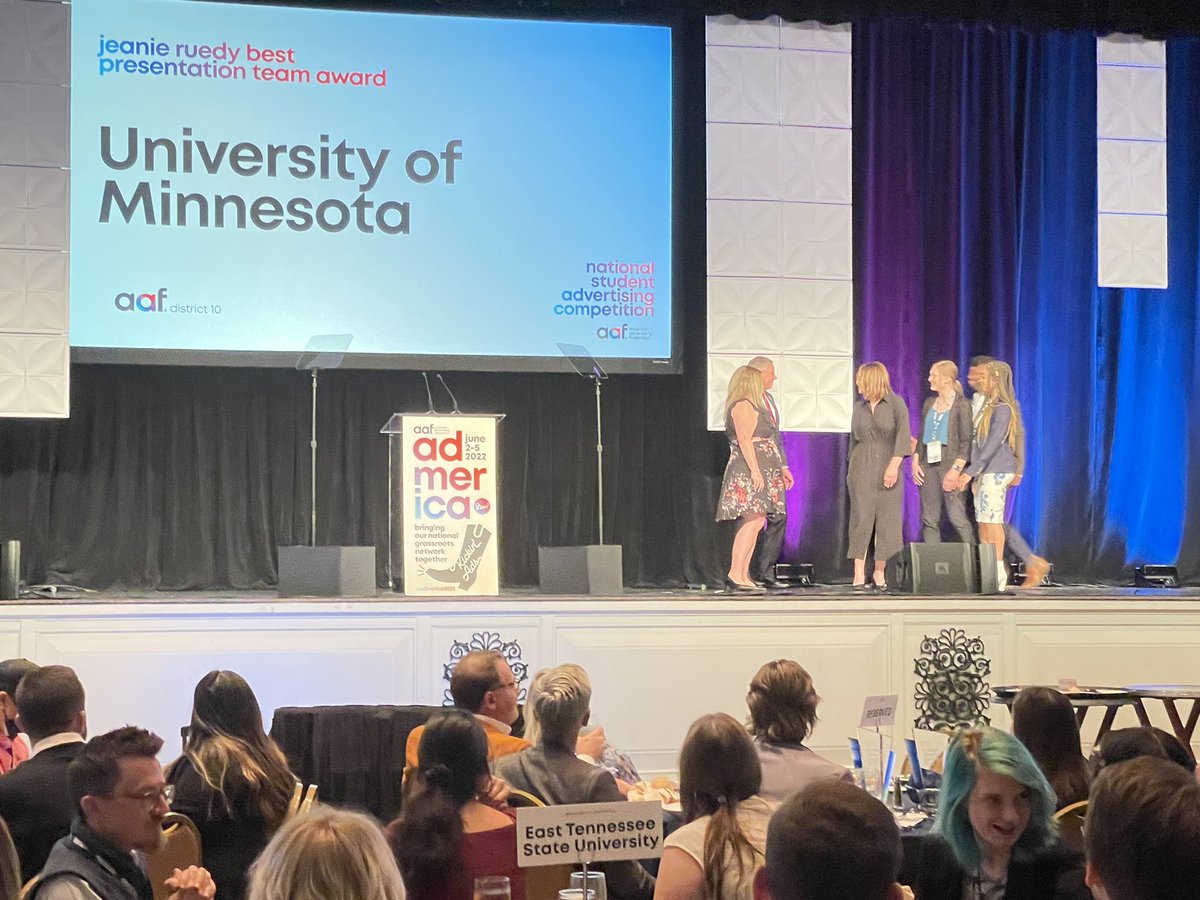 Big shout to our @UMN_HSJMC team for just winning the BEST TEAM presentation at the @AAFNational #Admerica #NSAC National Championship. These are all amazing presenters! They worked so hard to earn this. So Proud of them!!!
