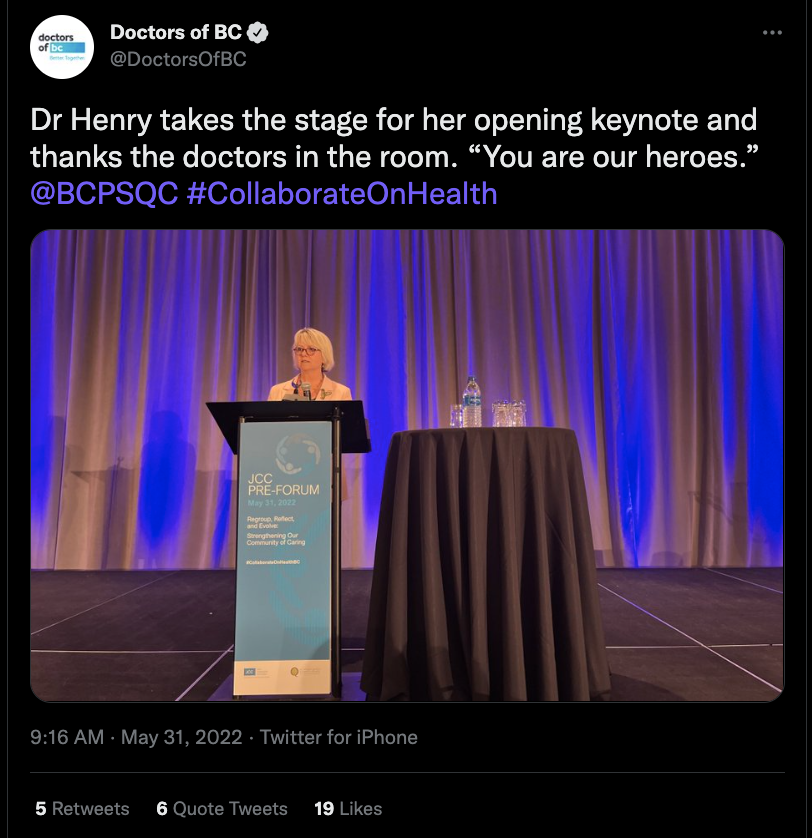 jaclynmacrae's tweet photo. Then we saw the not-best; and sadly, it was all centred in #BCPoli.

Starting with @doctorsofBC images from #QF22, where masking was not mandatory, and most healthcare workers took that as a free pass to be in close quarters, unmasked for longer periods of time with each other. https://t.co/4vF1H7pJDf