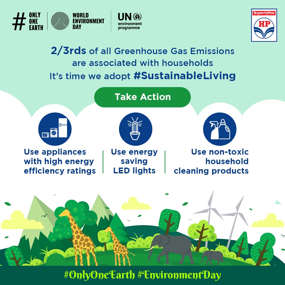 HPCL's tweet photo. Every action we take alters the #Earth, that our future generations will inherit from us. We have #OnlyOneEarth and it’s high time we stood up for it. Let's adopt #SustainableLiving for a #greener, #safer and #cleaner tomorrow. #EnvironmentDay https://t.co/yrJyG5vdeO