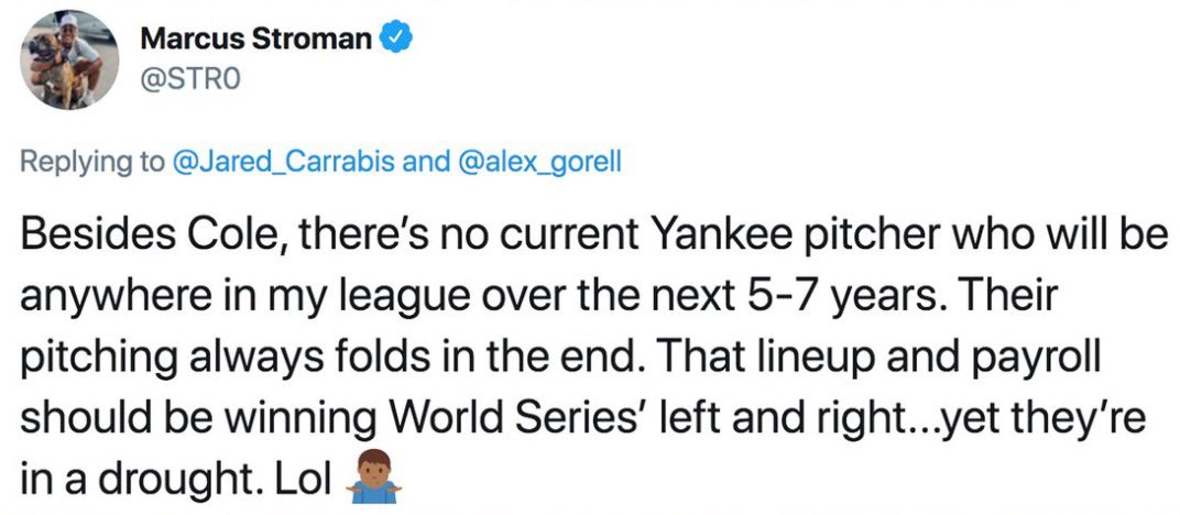 BarstoolHubbs's tweet photo. Yankees SP earned runs allowed last 10 starts: 8

Marcus Stroman earned runs allowed yesterday: 9 https://t.co/eaNGy5j5kr