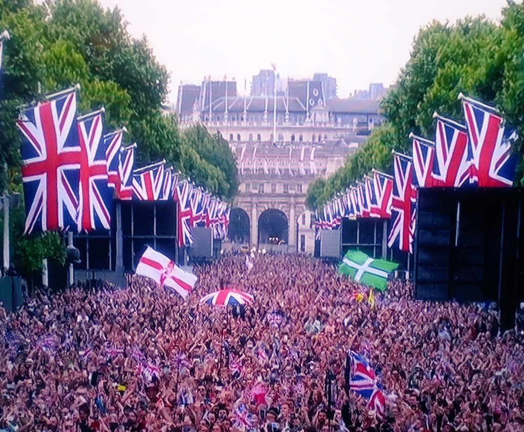 Union flags and the Devon flag on display in The Mall during the Platinum Jubilee concert
