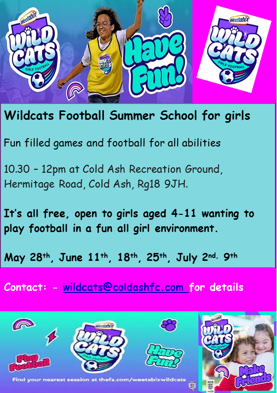 ColdAshFC's tweet photo. Cold Ash Wildcats Summer School for Girls, if your a budding Leah Williamson, Steph Houghton or Ellen White and aged 4-11 then come and join us Saturday mornings from 10.30 https://t.co/uRGaD1cKCr