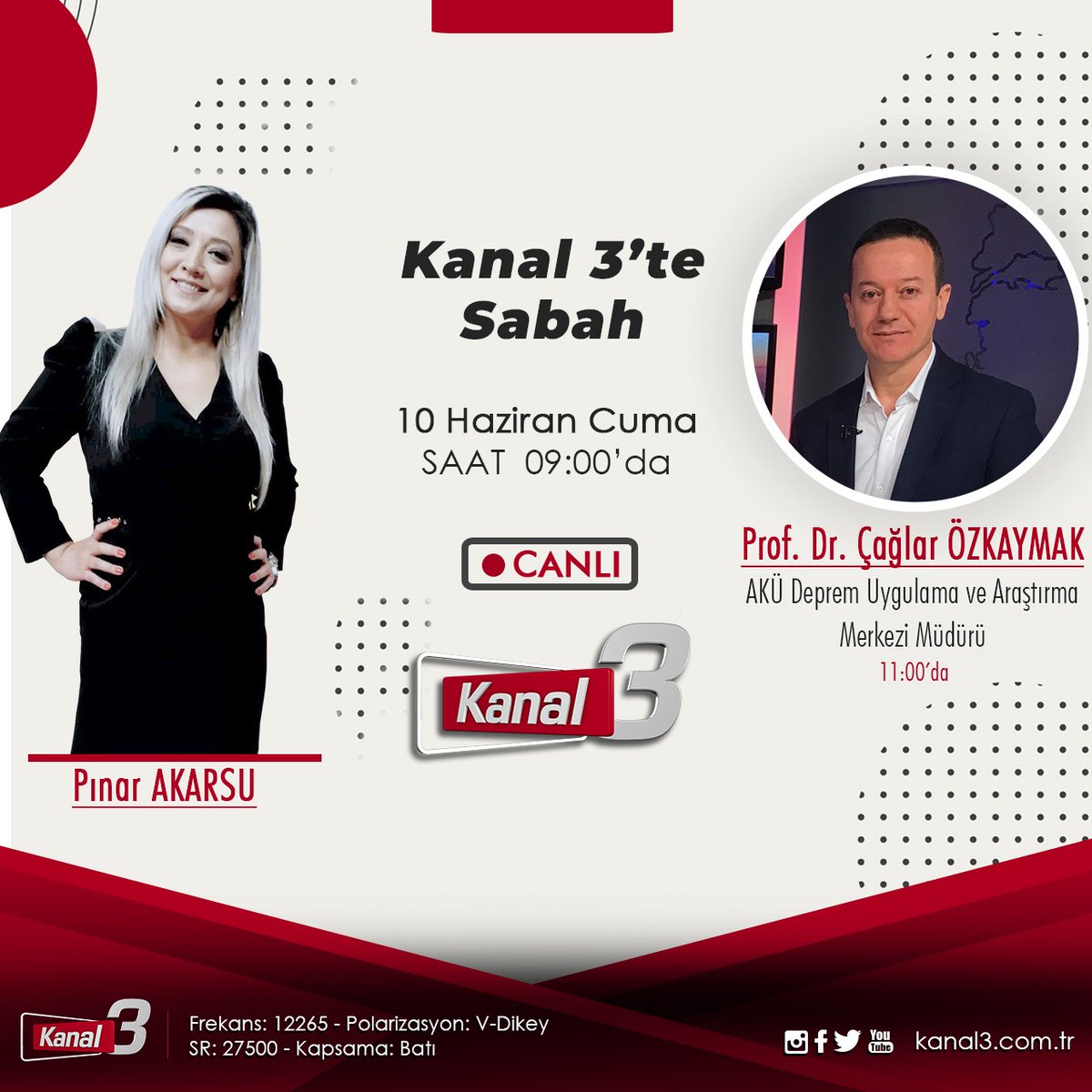 AKÜ DUAM Müdürümüz Prof.Dr. Çağlar ÖZKAYMAK 10 haziran cuma günü saat 9:00 da Kanal 3 te Pınar AKARSU nun konuğu olacaktır.