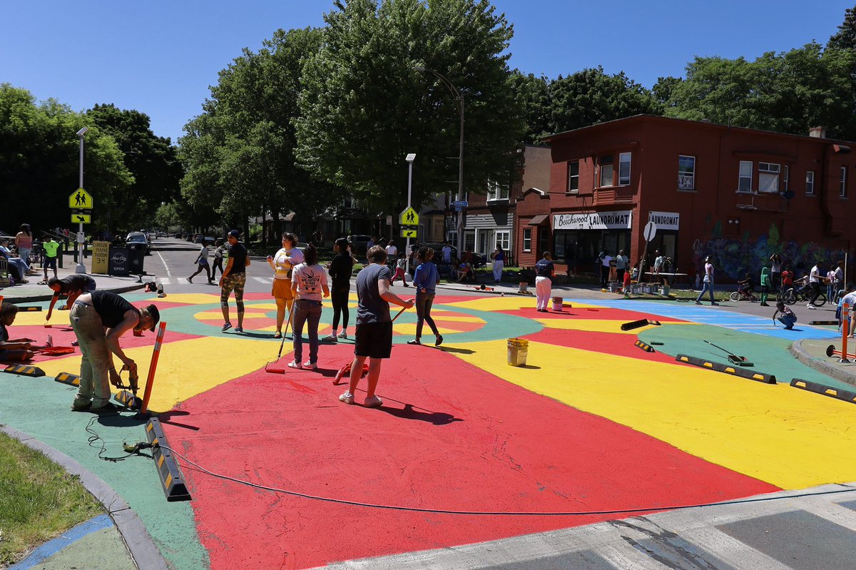 Some community members in the Beechwood neighborhood spent the afternoon repainting the intersection of Parsells &amp; Greeley, and installing traffic calming features. We need more of these intersections around the city.