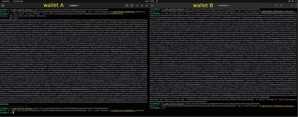 joshclsn's tweet image. #safenetwork DBC's are here, wallet data persists and coins can be sent between users. 
How fast? Lightning fast!
Below you can see funds transferred from wallet A to wallet B along with final balances after A gave B some safecoin!