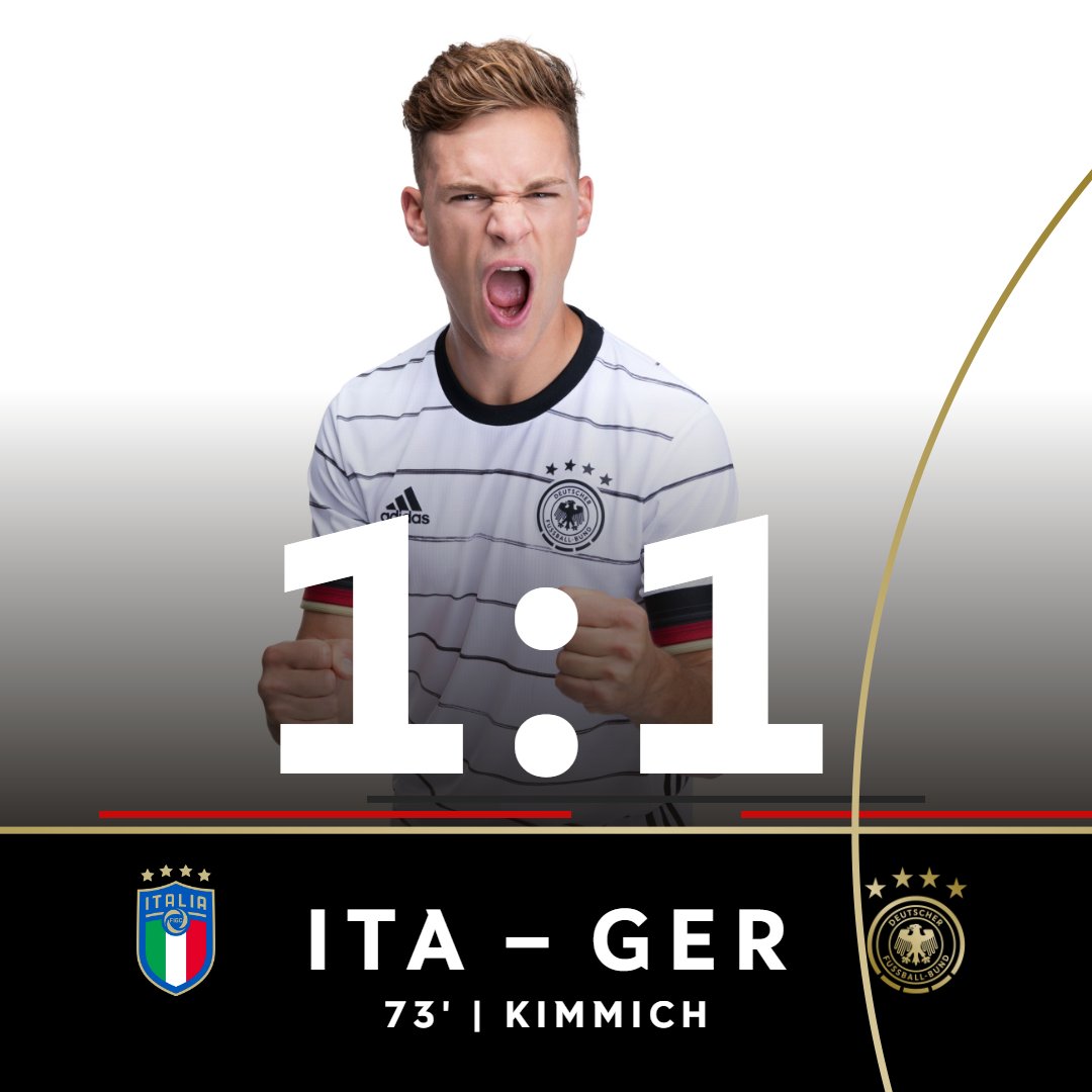 DFB_Team's tweet photo. ⏱ 73. Min. 

JAAAA! Da ist die Antwort. #Kimmich gleicht aus! 🇩🇪👏

1:1 #ITAGER #DieMannschaft | 📸 DFB/Philipp Reinhard https://t.co/6hmYsqwaB0
