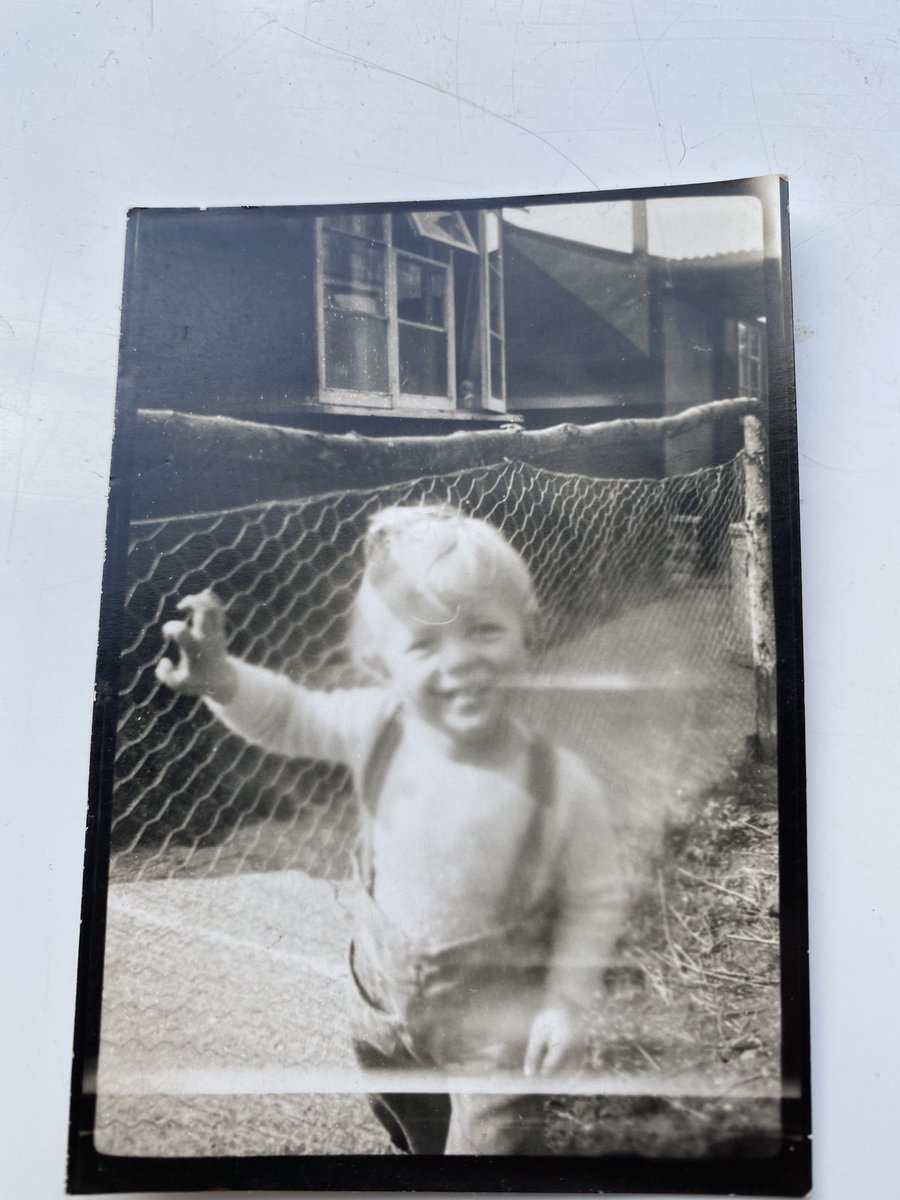 Me behind chicken wire outside our half of a wartime Nissen hut in 1952. They were used by Dutch Army medics. My father got a television in time for the Coronation and a long queue of residents visited to watch a few minutes of the event. Easthampstead Park, Berkshire: https://t.co/mMX9pag6FQ