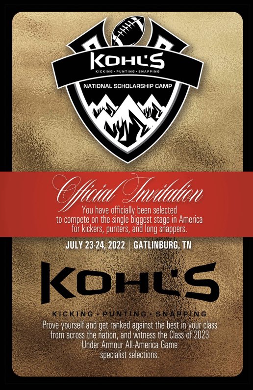 Happy to announce I have received my invitation to the @KohlsKicking National Invitation Scholarship camp in Gatlinburg, Tennessee I look forward to competing against some of the best kickers in the nation.@wcsSHSAthletics @_SummitFootball