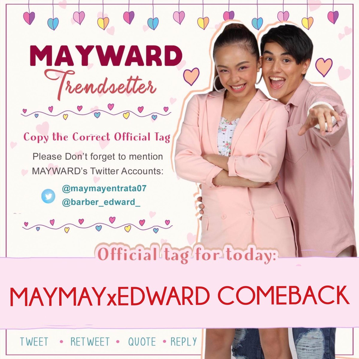 mwtrendsetter's tweet photo. Maymay is back with Edward! 

Abangan ang kanilang live performance mamaya sa ASAP Natin 'To! #ASAPcomeback @ASAPOfficial

OFFICIAL TAG:

MAYMAYxEDWARD COMEBACK
#MayWard
@maymayentrata07 @Barber_Edward_ https://t.co/jWsLcGqE48