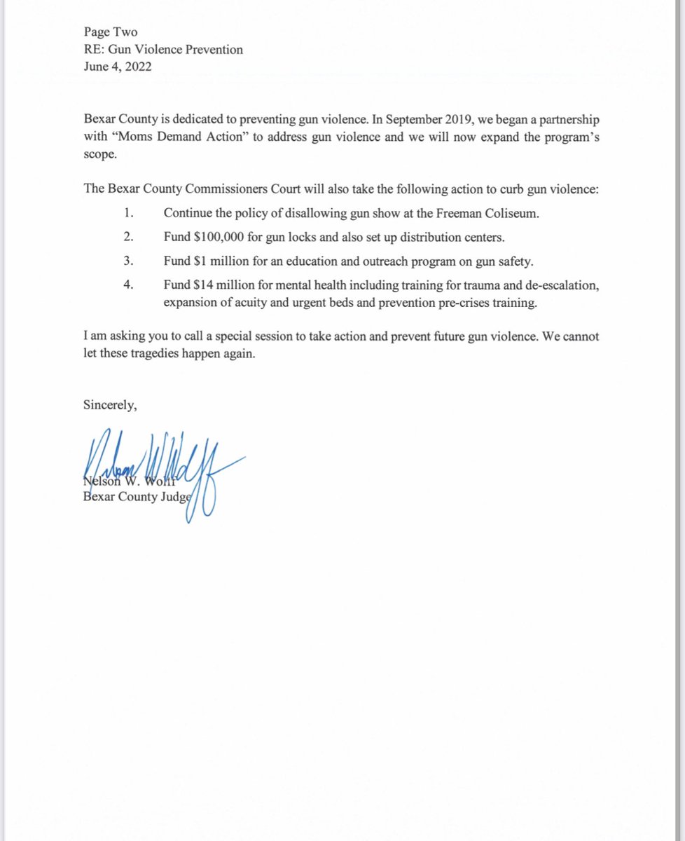 Joeycules's tweet image. Bexar County @Judge_wolff has joined the calls for a special Texas legislative session to address gun violence in a letter sent directly to @GovAbbott. 

In it, he asks for red flag laws, raising the age to semi-automatics to 21 and a background check on gun sales. 
@TPRNews