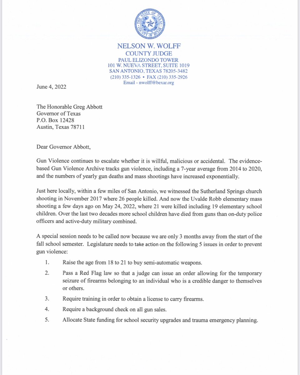 Joeycules's tweet image. Bexar County @Judge_wolff has joined the calls for a special Texas legislative session to address gun violence in a letter sent directly to @GovAbbott. 

In it, he asks for red flag laws, raising the age to semi-automatics to 21 and a background check on gun sales. 
@TPRNews