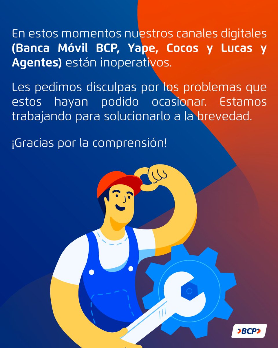 A nuestra comunidad BCP 📣: nuestros canales digitales están presentando inconvenientes y estamos trabajando para solucionarlo a la brevedad posible. Les pedimos disculpas y les estaremos informando en nuestras redes y a través de nuestra web ViaBCP cuando estén operativos.