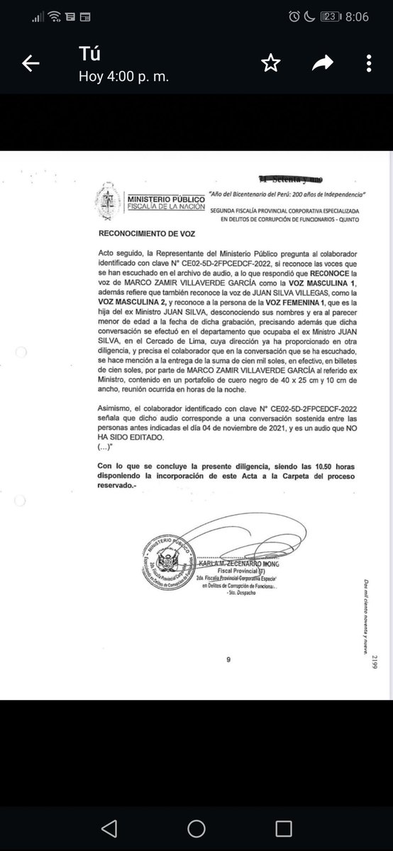 SilvaVJ_'s tweet photo. Respecto al Acta de Transcripción del audio, firmada por la fiscal K. Zecenarro.
Colaborador eficaz: "(...) a lo que respondió que #RECONOCE la voz de(...)" 03 personas. ¿Ah esta declaración sin sustento, ni evidencias se consideraría una prueba fehaciente? https://t.co/QyQnSkL6ru