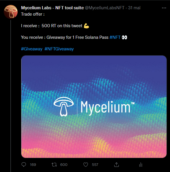 As promised, we're giving away :

1 x Solana Pass #NFT (Mint June 19th🚨)

To enter :
➡️Like &amp; RT this tweet
➡️Follow <a href="/MyceliumLabsNFT/">Mycelium Labs</a>
➡️Tag your best degen friend !
➡️Join discord

Winner picked on June 10th ! 🗓️