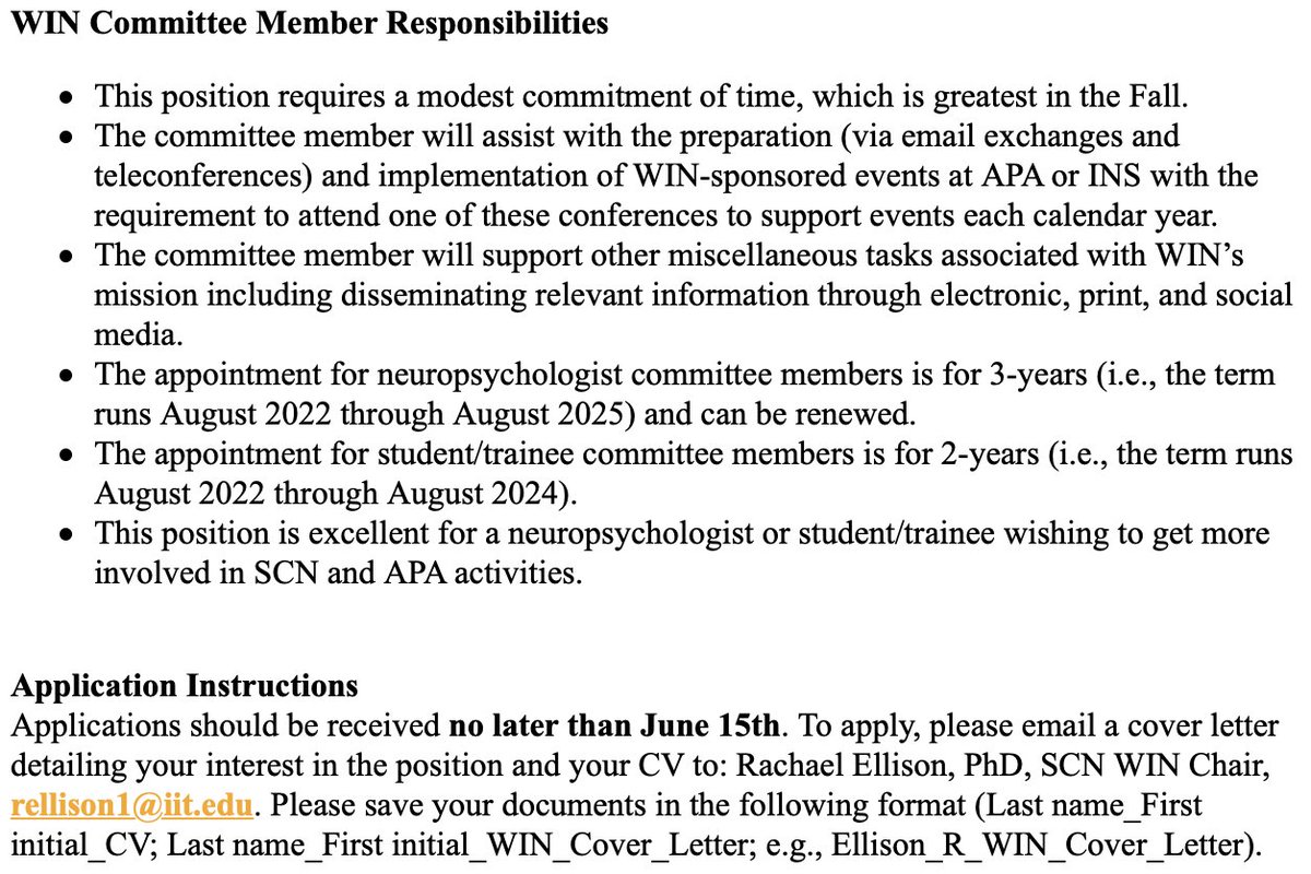 APADivision40's tweet photo. 🚨 Leadership Opportunity! 🚨

@SCN_WIN seeks 2 neuropsychologists and 2 students/trainees to serve as Committee Members. Applications should be emailed to Dr. Ellison and are due June 15th.

#NeuropsychTwitter https://t.co/mFUIzcEknM