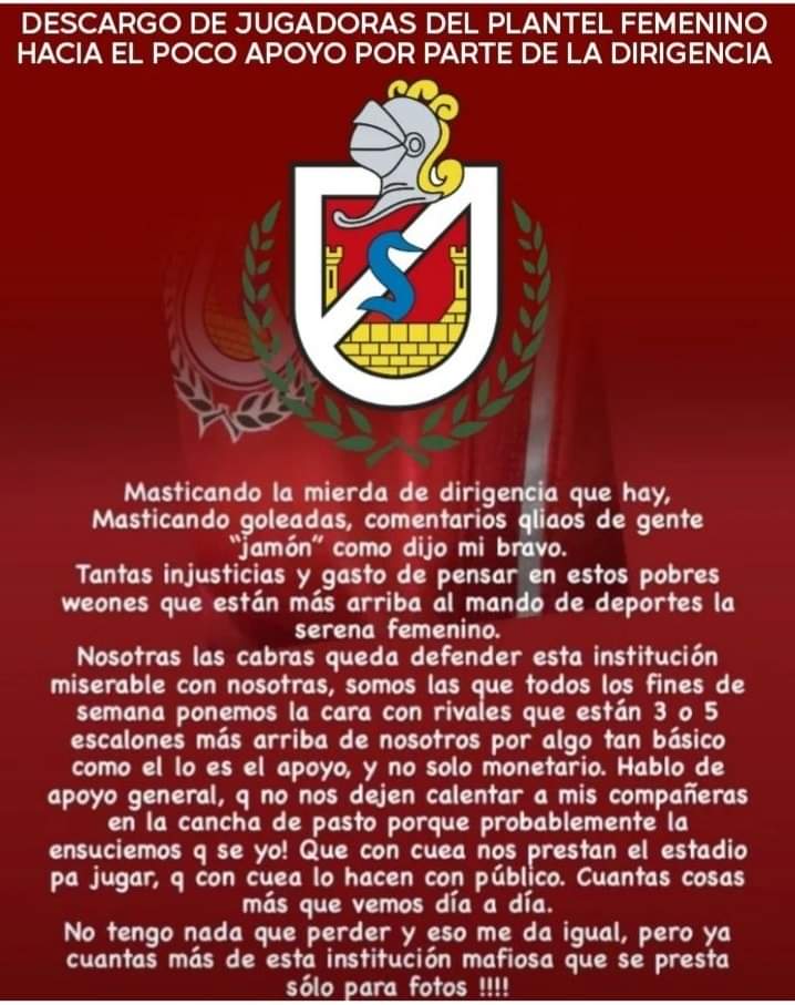 RESPETO A LA MUJER
RESPETO A LA DEPORTISTA

Entregar las condiciones minimas
<a href="/femenino_futbol/">FutbolFemenino</a> 
<a href="/CDLaSerenaFJFEM/">C.D. La Serena Oficial FJ y FEM</a> 
<a href="/TNTSportsCL/">TNT Sports Chile</a> 
<a href="/Deportes921/">Deportes en Agricultura</a> 
<a href="/CokeHevia/">Jorge Hevia Cristino</a> 
<a href="/futbolfemch/">Ellas Juegan - Fútbol Femenino Chileno</a> 
<a href="/tvn_deportes/">TVN Deportes</a> 
<a href="/sdeportesfm/">SoloDeportes FM</a> 
<a href="/golazo_rsb/">Golazo RSB</a> 
<a href="/eldia_cl/">Diario El Día</a> 
<a href="/eldia_crivera/">Carlos Rivera</a> 
<a href="/munilaserena/">Municipalidad de La Serena</a>