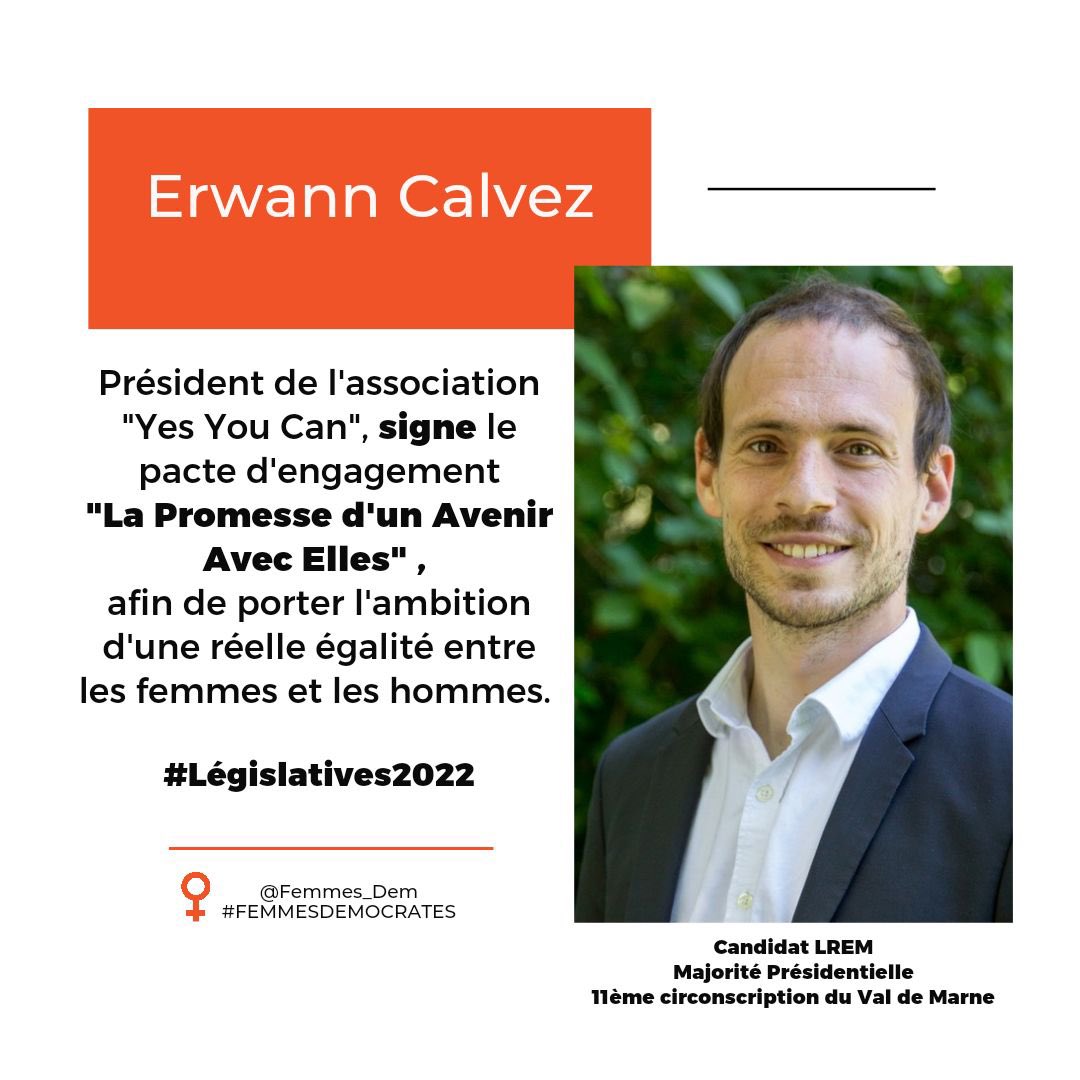 Merci à #ErwannCalvez candidat #circo9411 qui a signé le pacte  #avecelles pour porter l'ambition d'une réelle #égalité et faire de la condition des #femmes un enjeu majeur de ce prochain quinquennat. 
#EgalitéEnsemble
#FemmesDemocrates 
#UnAvenirAvecElles