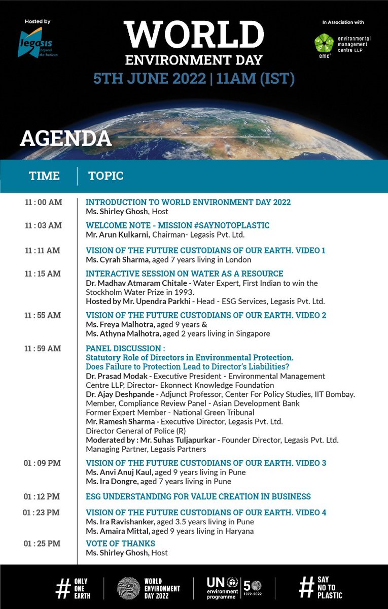<a href="/LEGASIS/">Legasis</a> &amp; @EMC_LLP celebrate #WorldEnvironmentDay2022 today, 11 AM IST. The theme from <a href="/UNEP/">UN Environment Programme</a> is #OnlyOneEarth 

Register now at bit.ly/3kMf04p

#SayNotoPlastic #unep #esg #climatechange #sustainability   #environment #legal #legasis