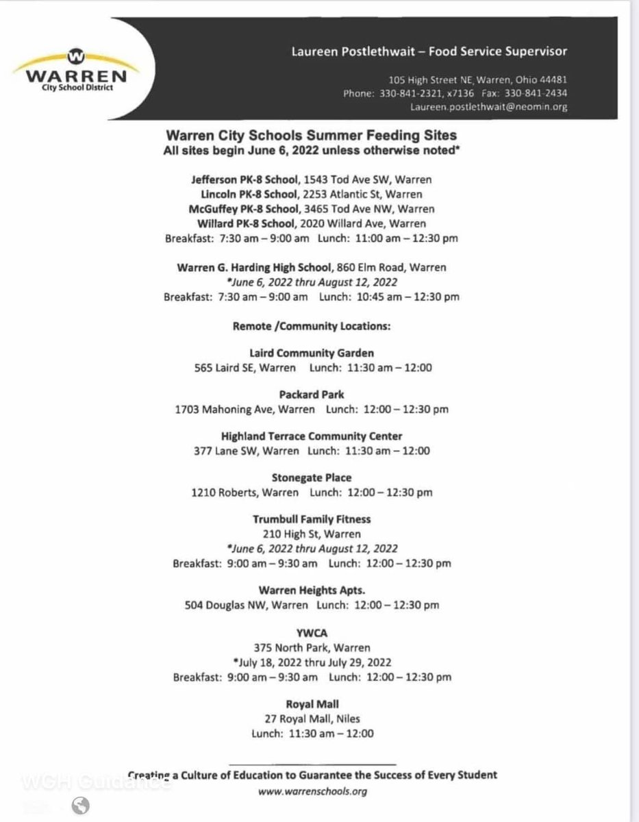 megantmarino's tweet photo. Warren City Schools Summer Breakfast and Lunch Sites @warrenschools #LincolnPrideWCS https://t.co/BD2y4SBmS6
