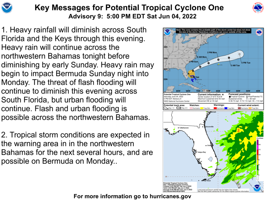 WetTribe's tweet photo. 5PM Update: The National Hurricane Center encourages sharing Key Messages, which when available, are designed to highlight essential points about hazards and forecast uncertainty for tropical cyclones. #TropicalCycloneOne #Florida #SouthFlorida #FloridaKeys #Bahamas #Bermuda https://t.co/vy40f5npnq