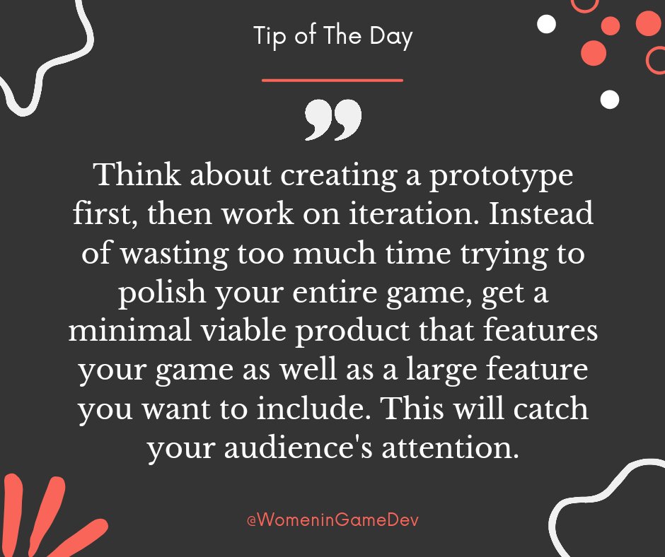 WomenInGameDev's tweet photo. ‼️So important for devlogs‼️
When you're sharing your game to the public, it is best to polish a prototype first. Take screenshots and make gifs of your polished prototype. Add important features of your game. This will give your audience an idea of what your game will be like! https://t.co/BoI4p0UxoF