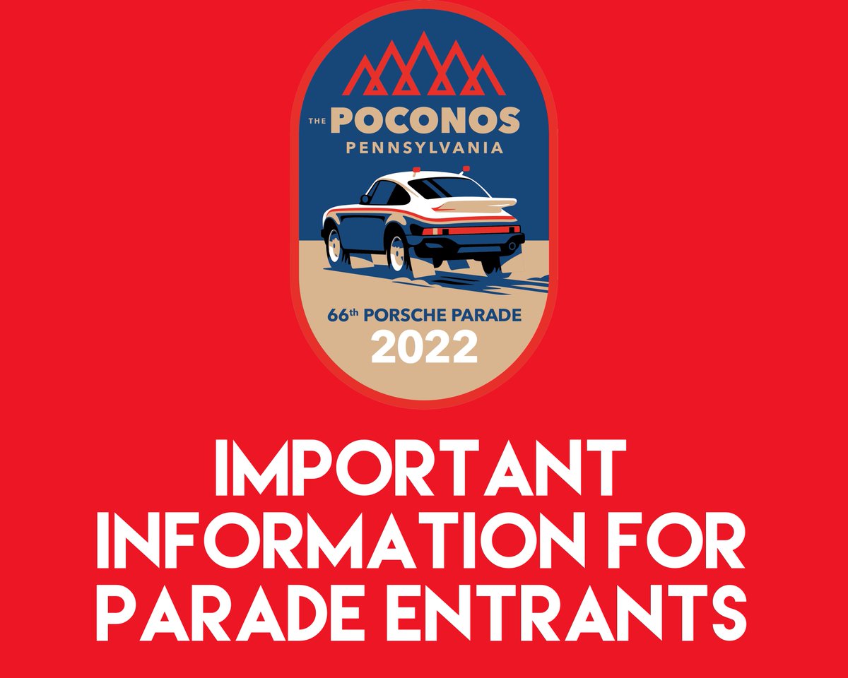 Attention #PorscheParade entrants!  

Important information is being emailed regarding hotel check-in, Parade check-in, PCA Juniors check-in, trailer parking, &amp; more!

Please check your email (and your spam/junk folders) for these important messages!

See you soon! #PCAParade2022