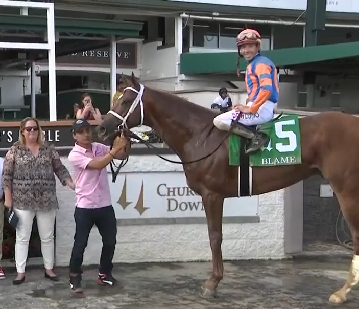 DynamicOneFan's tweet photo. DYMANIC ONE WINS THE BLAME STAKES, his second stakes win! Bred by #PhippsStable and purchased as a yearling at the @KeenelandSales by #RepoleStables &amp; #StEliasStables. Born &amp; raised at @ClaiborneFarm. Congrats to the connections! @PletcherRacing @Tyler_Gaff https://t.co/r0enMcAef8