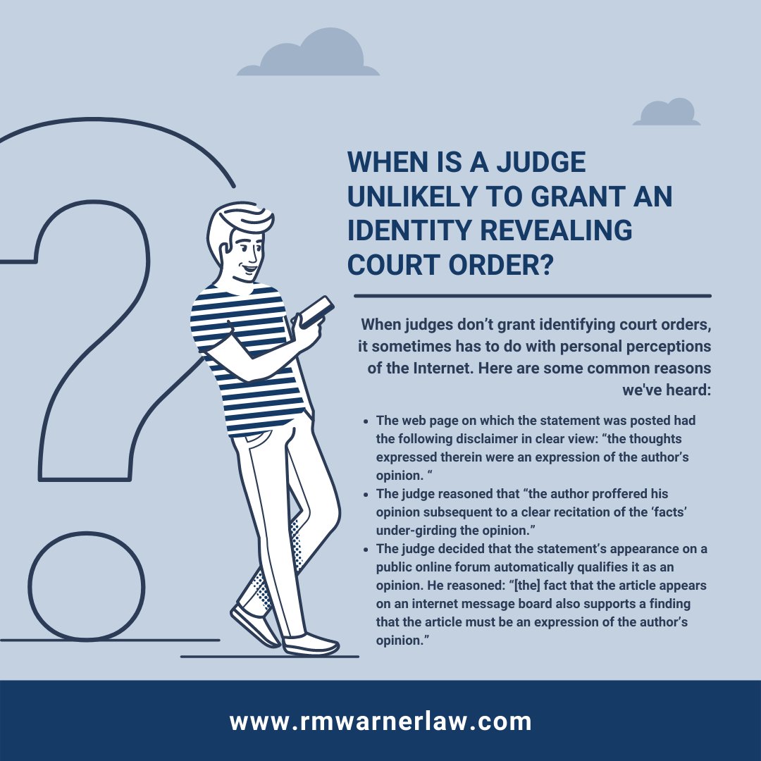 RMWarnerLaw1's tweet image. So you've been experiencing anonymous #internetdefamation. Is there anything you can do? Absolutely! You can ask for an #identityrevealingorder or file a #JohnDoelawsuit so if you've been defamed don't wait any longer to seek #legalcounsel! Contact an RM Warner #defamationlawyer.