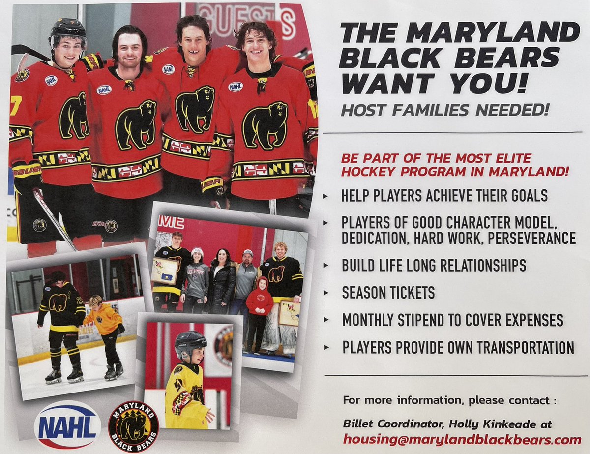 Always looking for good homes for these terrific young men that are talented, goal-oriented, respectful and hard working.  The boys have enriched our lives beyond words. Reach out if you want to learn more! Please share! Thanks. <a href="/BlackBearsNAHL/">Maryland Black Bears</a> @