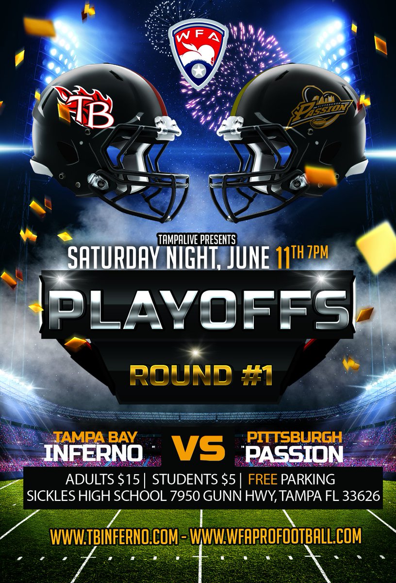 tbinferno's tweet photo. Playoffs Round #1, Tampa vs Pittsburgh, Saturday, June 11th at Sickles High School 7950 Gunn Hwy, Tampa, FL 33626. Kickoff 7 pm! Tickets can be purchased at the gate: Adults $15, Students/Seniors/Military $5 #wfa #tbinferno #IAmInferno #PittsburghPassion https://t.co/ETdiMxoX0H