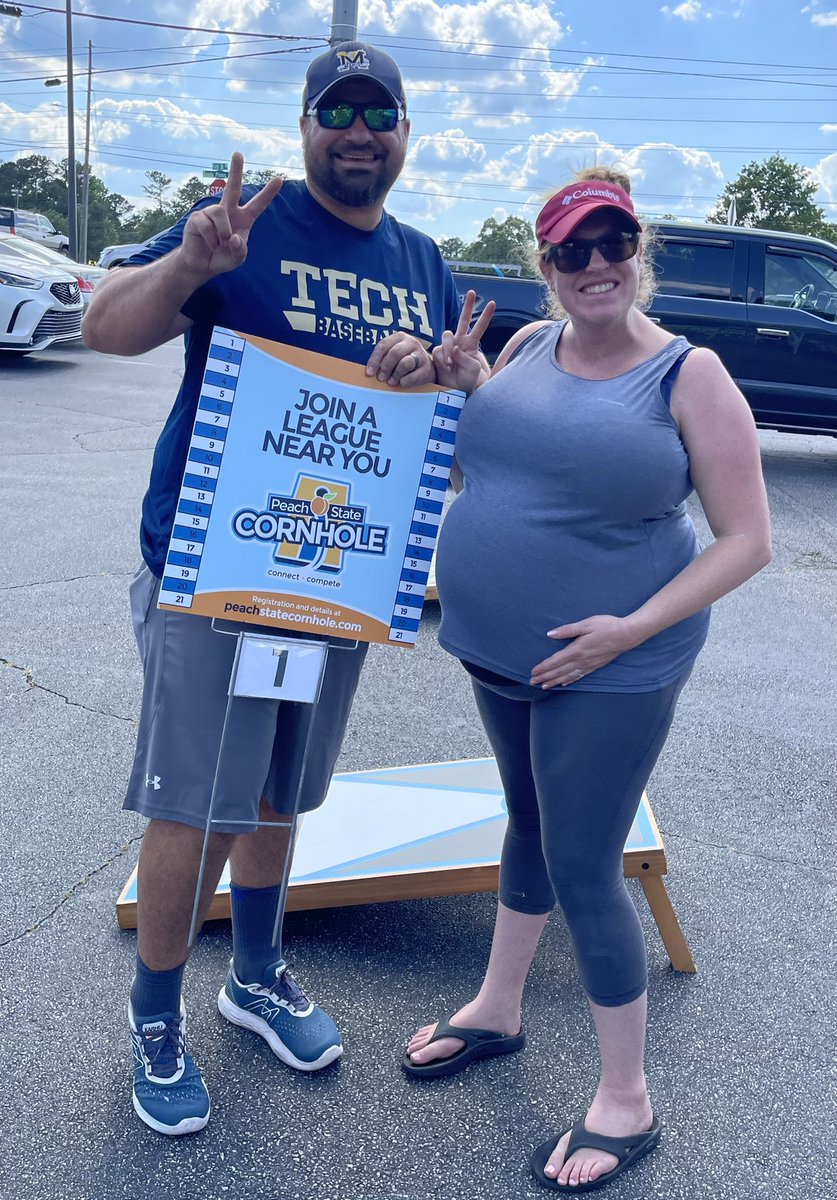 CoachT_Hall's tweet photo. .@TreyRyder_ACL I think my wife might be one of the top pregnant cornholers in the country right now! @nLindsey3 is out here winning tournaments at 42 weeks pregnant! Our team name: Does cornhole induce Labor? #Winners #ACLCornhole #PregnantandCornholing #DoesCornholeInduceLabor https://t.co/7uJp52JldQ