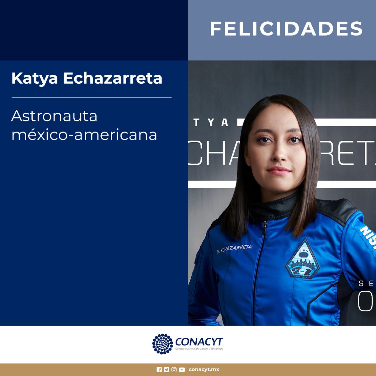 Secretaría de Ciencia (@secihti_mx) on Twitter photo El Conacyt felicita a la astronauta Katya Echazarreta, primera mujer mexicana y la más joven en viajar al espacio, quien a través de su dedicación inspira a las y los jóvenes mexicanos a cumplir con vocación sus sueños.
Imagen: <a href="/blueorigin/">Blue Origin</a> El Conacyt felicita a la astronauta Katya Echazarreta, primera mujer mexicana y la más joven en viajar al espacio, quien a través de su dedicación inspira a las y los jóvenes mexicanos a cumplir con vocación sus sueños.
Imagen: <a href="/blueorigin/">Blue Origin</a>