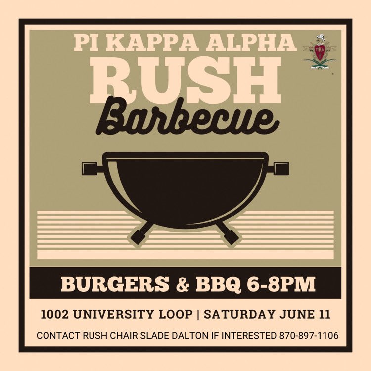 astatepike's tweet photo. Our first rush event of the summer is only a week away! Join us at the house next Saturday for burgers and BBQ and get to know the chapter. Contact Slade Dalton if you have any questions! #RushPike https://t.co/t8GQRm8E6u