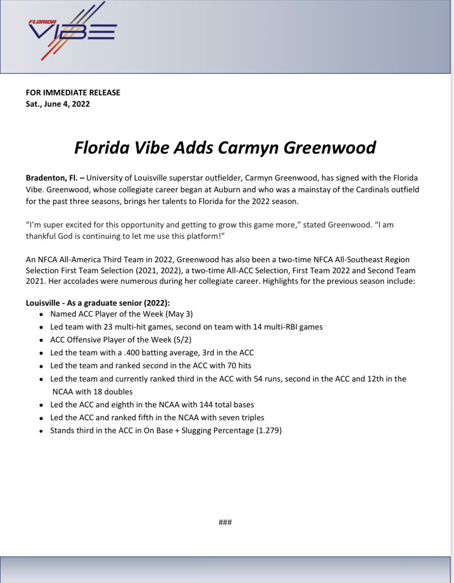 floridavibesb's tweet photo. The 2022 Florida Vibe select, CARMYN GREENWOOD, outfield, Louisville

Welcome the newest member of the Florida Vibe, Carmyn Greenwood, officially SIGNED for 2022! #feelthevibe #americasteam @D1Softball @softballamerica @ExtraInningSB @JustinsWorldSB @LouisvilleSB @CarmynGreenwood https://t.co/KbPg8JKgI9