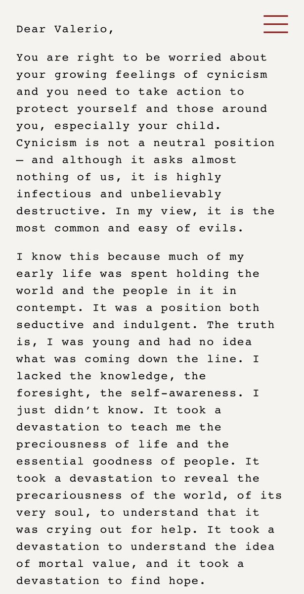 julianweisser's tweet photo. "Cynicism is not a neutral position—and although it asks almost nothing of us, it is highly infectious and unbelievably destructive. In my view, it is the most common and easy of evils."

If you read one thing this weekend may it be this from Nick Cave on cynicism and hopefulness https://t.co/5N9fQ3KtPP
